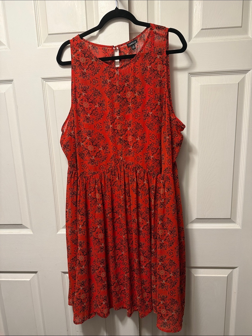 Deep Red-Orange Floral Sleeveless Midi Dress with Separate Matching Liner